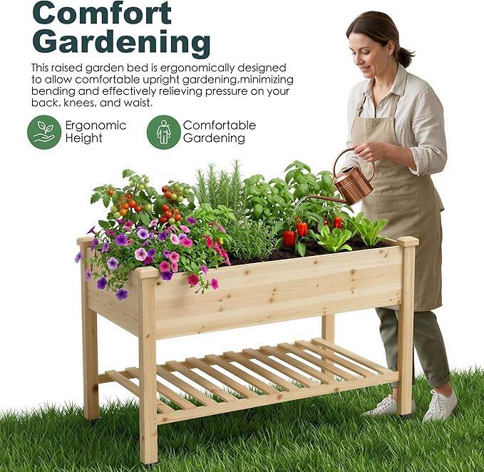 Raised Garden Bed with Lockable Wheels, 48 x 24 x 32 Inch Wooden Planter Box with Storage Shelf, 300 lb Capacity Mobile Outdoor Planter for Vegetables, Flowers, Herbs, Natural Wood