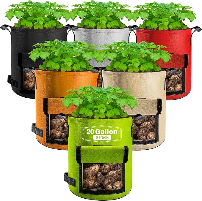 Suntee 6 Pack 20 Gallon Potato Grow Bags with Flap, Thickened Nonwoven Fabric Grow Bags for Growing Potatoes, Colorful Plant Grow Bags Pots Gardening Vegetable Potato Growing Bags with Durable Handles