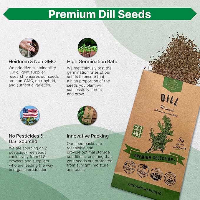 Organo Republic Dill Bouquet Seeds Pack 5 G - Over 1,400 Non-GMO Heirloom Dill Seeds for Planting Herbs in Individual Seed Packet, Herbs Seeds for Planting Home Garden Indoor & Outdoor Gardening