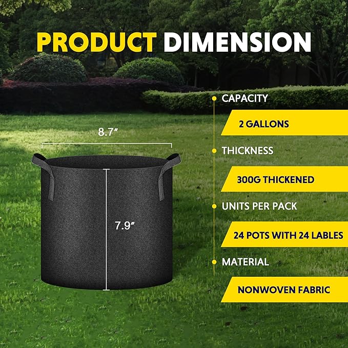 iPower 24-Pack 2 Gallon Grow Bags Heavy Duty Thickened Aeration Nonwoven Fabric Pots with Nylon Handles, for Planting Vegetables, Fruits, Flowers, Black