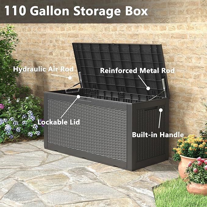 Oudoor Storage Deck Boxes Waterproof, Waterproof and UV Resistant Outdoor Storage Box Lockable Lid for Delivery Box, Indoor, Garden Tools, Pool Supplies, Patio (Black, 110 Gallon)
