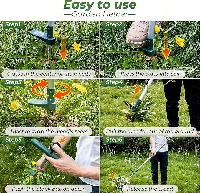 Walensee Weed Puller, Stand Up Weeder Hand Tool, Long Handle Garden Weeding Tool with 3 Claws, Hand Weed Hound Weed Puller for Dandelion, Standup Weed Root Pulling Tool and Picker, Grabber (1 Pack)