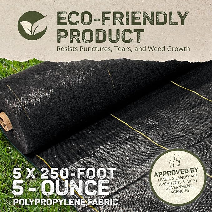 Dewitt 2-Pack Pro-5 Weed Barrier Fabric 5 oz, 5 x 250 Feet – Heavy-Duty Woven Landscape Ground Cover Mat for Raised Garden Bed, Greenhouse Gardening, Outdoor Landscaping, and Commercial Planting