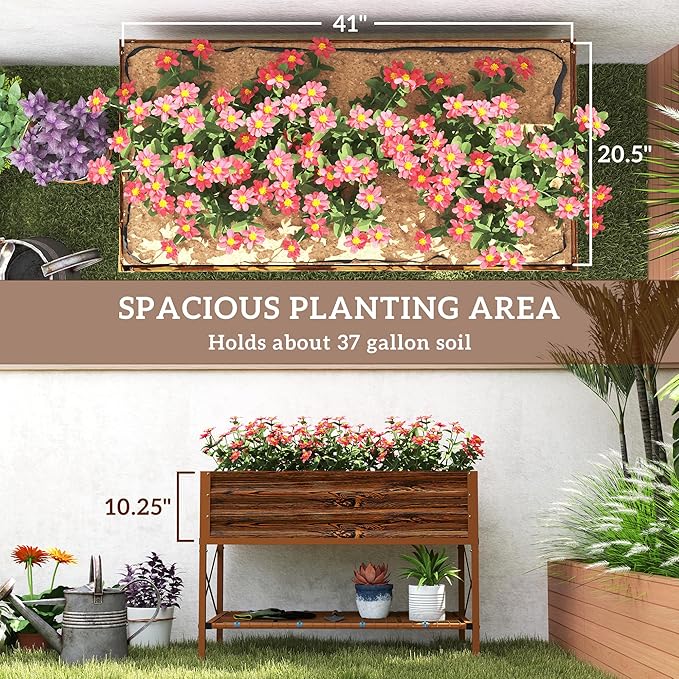 Outsunny Raised Garden Bed with Galvanized Steel Frame, Storage Shelf and Bed Liner, Elevated Planter Box with Legs for Vegetables, Flowers, Herbs, Dark Brown