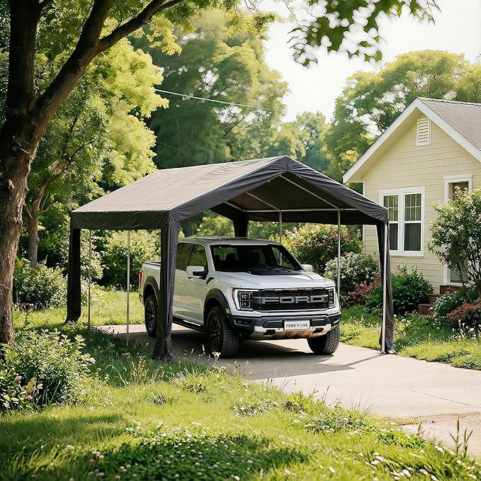 Car Ports, 10X20 Ft Heavy-Duty Carports with Roll-Up Windows, Portable Garages with Removable Side Walls and Doors, Trucks and Cars with All-Season Waterproof Pe Tarps