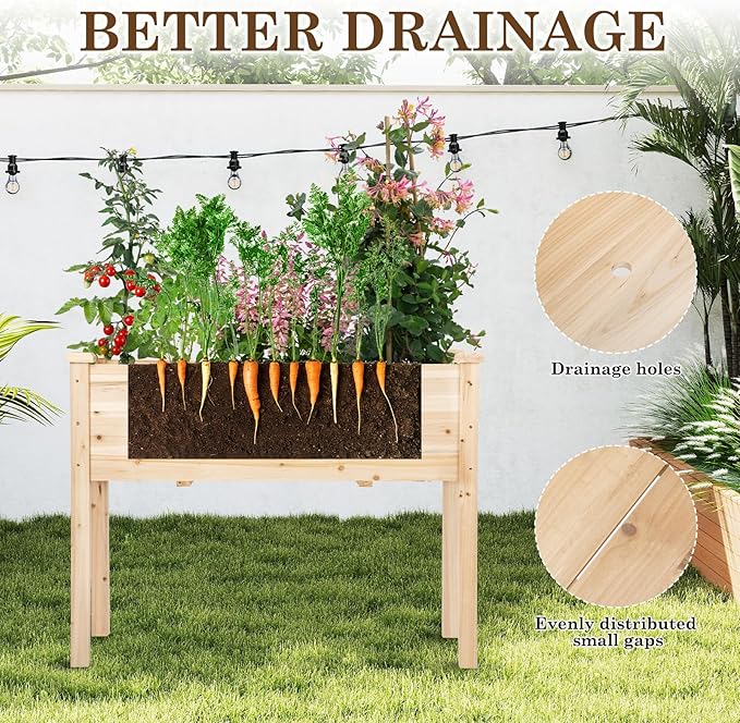 Raised Garden Bed with Legs, 40x24x30 inch Wood Elevated Planter with Protective Liner for Vegetable Flower Herb, Outdoor Planter Box Kit for Balcony Patio Backyard, Natural