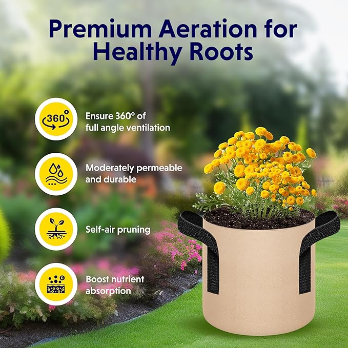 iPower 10-Pack 1 Gallon Plant Grow Bags Thickened Nonwoven Aeration Fabric Container Heavy Duty Durable Pots, Strap Handles for Garden, Tan