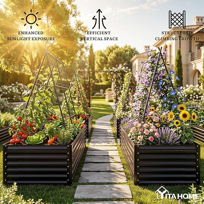 YITAHOME 8x4x2ft Galvanized Raised Garden Bed with Cucumber Trellis, Metal Planter Box with A-Frame Metal Trellis, Vertical Netting, Gloves, Outdoor Flower Bed for Vegetable Bean Grape Flowers, Black