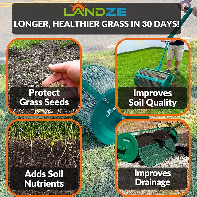 Landzie Lawn & Garden Care Kit - 24 Inch Mesh Push Spreader and 20 Inch Steel Soil Sampler Probe - Test Grass Plugs and Spread Topdressing - Multi-Purpose Compost, Peat Moss, Topsoil (24 Inches)