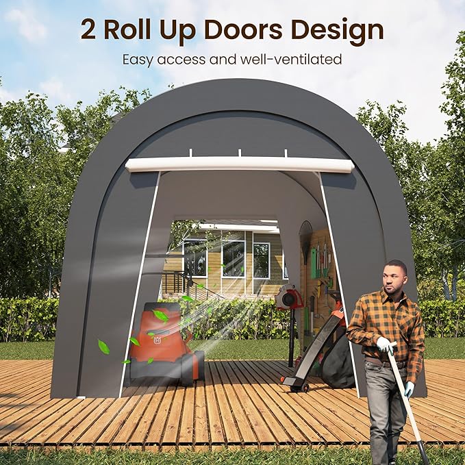 Domed Carport with 4 Cloth Bags, Portable Garage with 2 Roll-up Doors, Heavy Duty Car Canopy Party Tent, All-Season Storage Shelter Shed for Cars, Truck, or Garden Tools, 10' x 20'