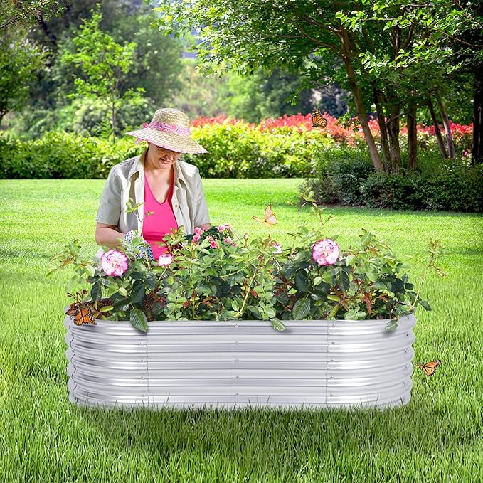 Aoodor Galvanized Raised Garden Bed Kit, 5.3 x 2.6 x 1.4 Ft, Oval Planter Box for Vegetables, Flowers, and Herbs, Outdoor Use, Silver