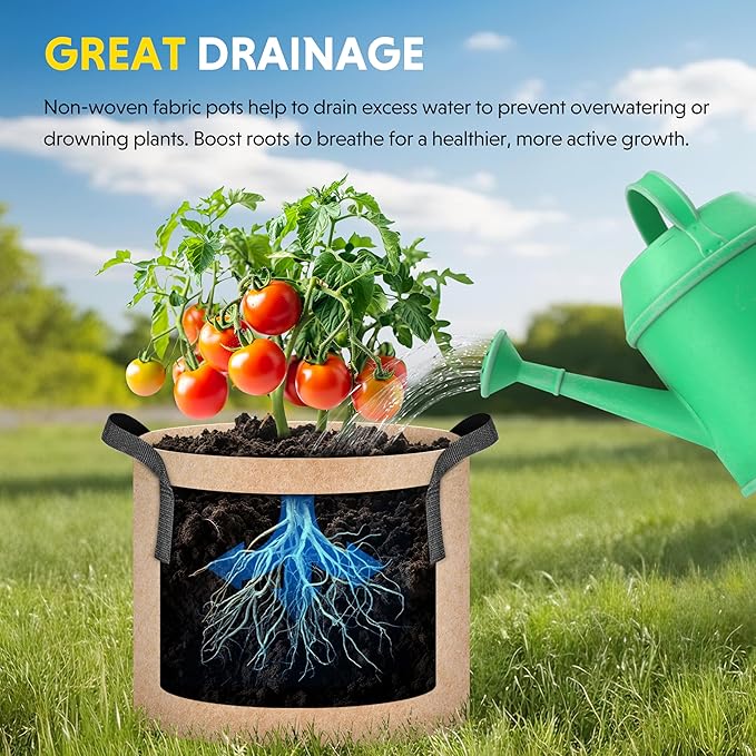 iPower 15 Gallon 5 Pack Grow Bags Nonwoven Fabric Pots Aeration Container with Strap Handles for Garden and Planting, 5-Pack Tan, 15 Gallon