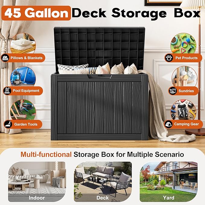 Oudoor Storage Deck Boxes Waterproof, Waterproof and UV Resistant Outdoor Storage Box Lockable Lid for Delivery Box, Indoor, Garden Tools, Pool Supplies, Patio (Black, 45 Gallon)
