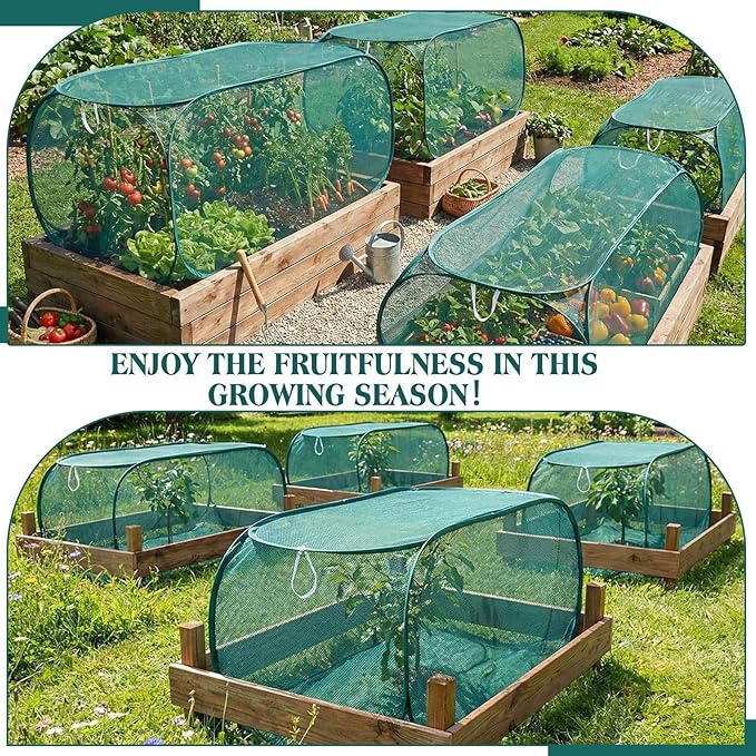 4 Pcs 45'' x 20'' x 18'' Pop up Garden Rows Plants Cover Vegetable Mesh Plant Protector Net Cage Guard with Ground Nails for Protecting Vegetable Fruit Seedling from Animal (Dark Green)