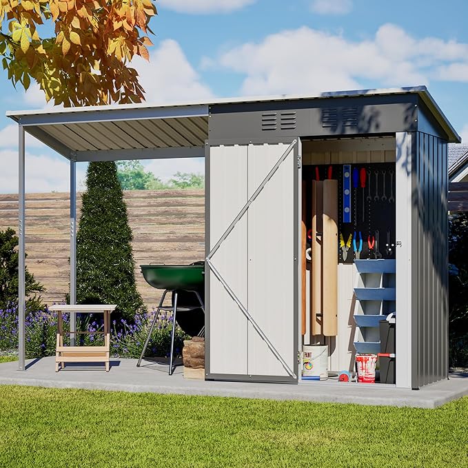 Waterproof 9.6'x2.3' Storage Shed with Gazebo Porch, Heavy Duty 2-in-1 Lean-to Tool Storage Garden House with 5'x2.3' Open Shed, Lockable Door for Patio, Backyard, Lawn, Metal, Gray