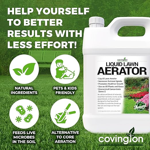 Covington Liquid Lawn Aerator (2.5 Gal) – Soil Conditioner & Softener for Lawns & Gardens – Loosens Clay & Compacted Soil for Better Water & Nutrient Absorption – USA Made Liquid Aeration Concentrate