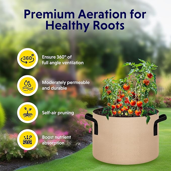 iPower 10-Pack 10 Gallon Plant Bags Heavy Duty Thickened Nonwoven Fabric Potato Growing Pot, Aeration Durable Container with Reinforced Strap Handles, Tan
