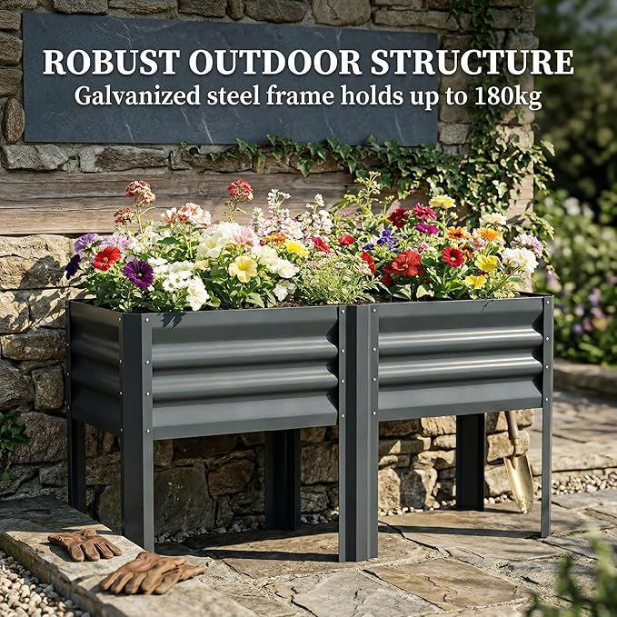 Outsunny Galvanized Steel Raised Garden Bed with Storage Shelf and Bed Liner, Elevated Planter Box with Legs for Flowers, Vegetables, and Herbs, for Outdoor Patio Yard, Glove Included, Dark Gray