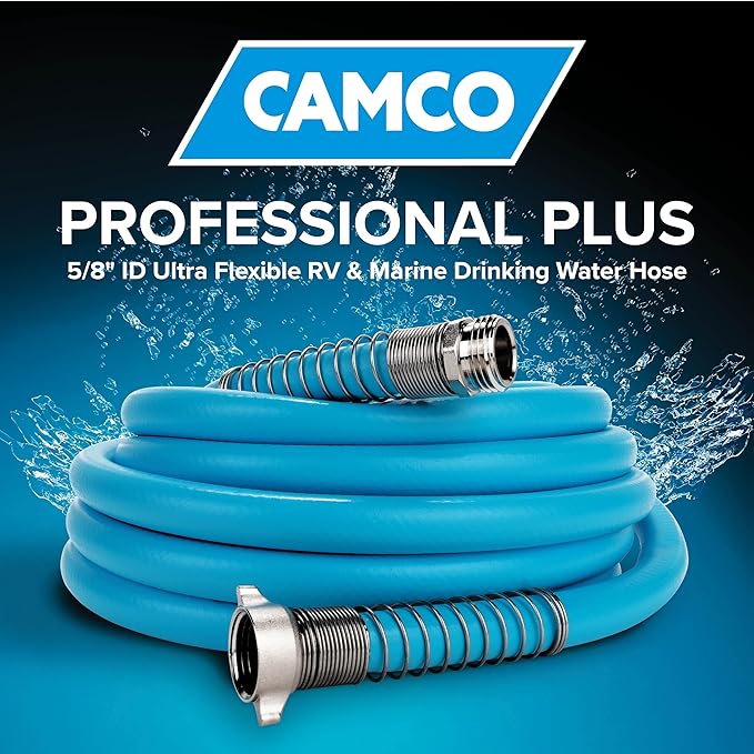 Camco EVOFlex 25-Ft RV Drinking Water Hose - Features Extra Flexible Design w/Stainless Steel Strain Relief Ends - Lead-Free, BPA-Free and Phthalate-Free - 5/8” Inside Diameter (22591)