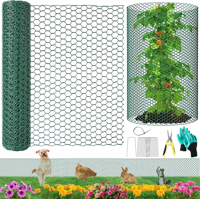 32.8ftx20In Plant Protectors from Animals,Plant Cages for Outdoor Plants,Wire Plant Protector Cage,Wire Plant Protector,Chicken Wire Cloche with Ground Stakes & Nylon Ties Protect Plants from Animals