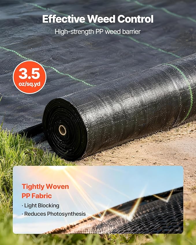 VEVOR Weed Barrier Fabric Heavy Duty, 13x115FT 3.5oz Landscape Fabric, Woven Weed Blocker Fabrics, Garden Fabrics Weeds Barrier, Weeds Control Ground Cover, Geotextile Webbing, Gardening Mat, Black