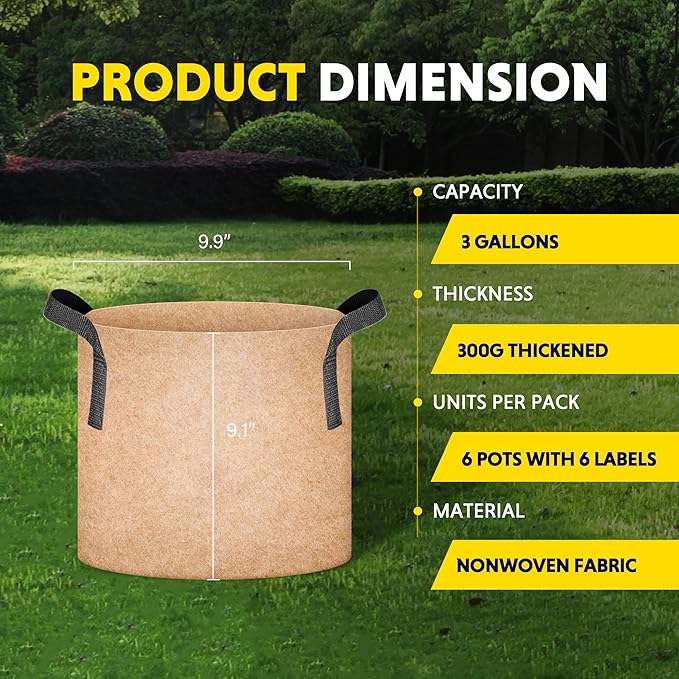 iPower Grow Bag 3 Gallon 6-Pack Heavy Duty Plant Pots, 300g Thick Nonwoven Fabric Containers Aeration with Nylon Handles, for Planting Vegetables, Fruits, Flowers, 2024 Version Tan