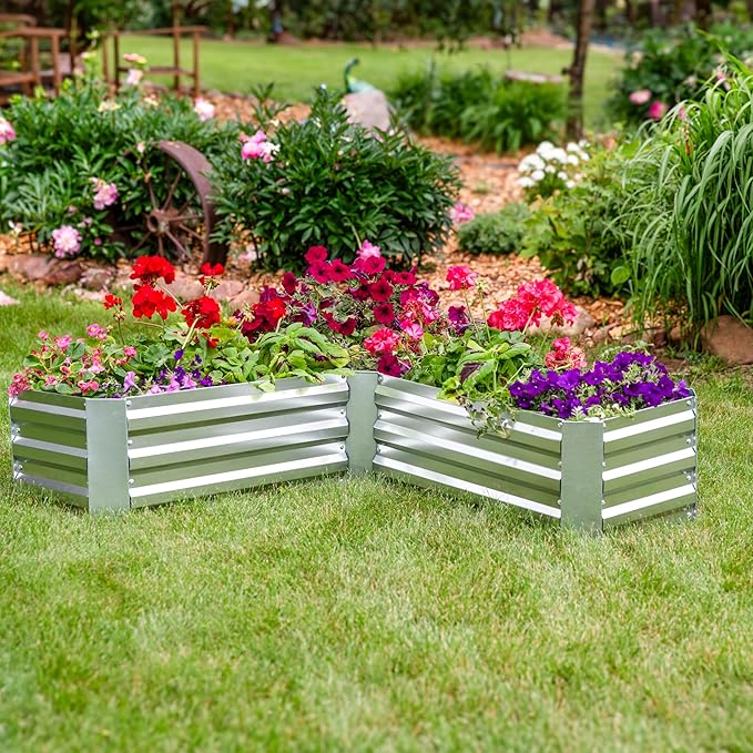 Sunnydaze Galvanized Raised Garden Bed - Metal Raised Bed for Gardening - Outdoor Planter Box for Flowers, Plants, and Vegetables - Silver - 12” H L-Shaped