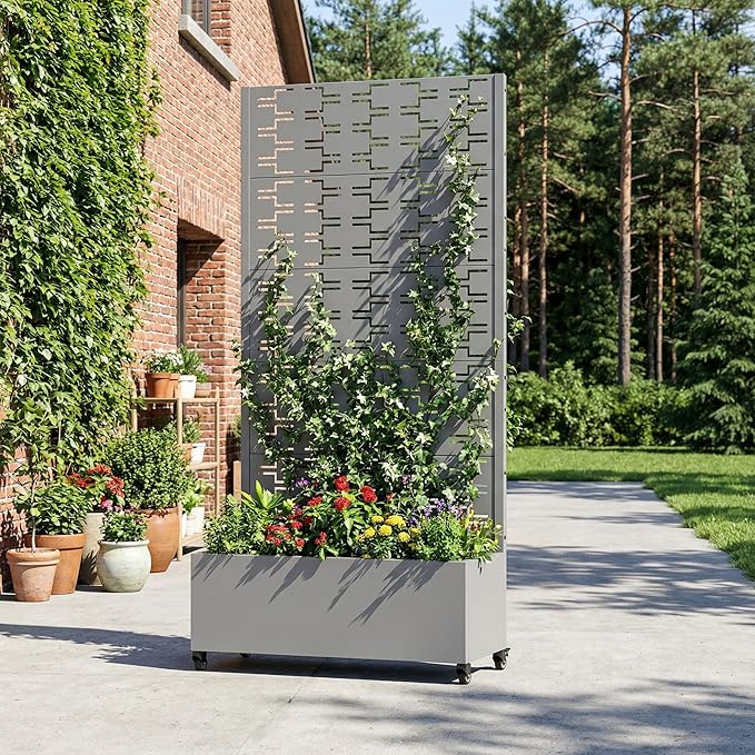 Casaphoria Metal Raised Garden Bed with Trellis and Wheels, 72"x35"x16" Planter Box for Climbing Plants, Vegetables & Vines, Features Drainage Holes and Privacy Screen, Grey-Brick