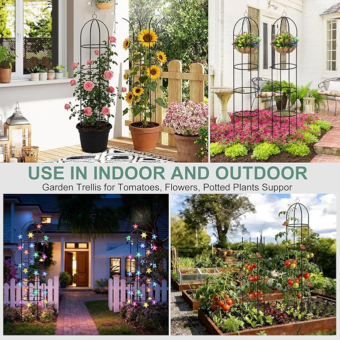 100% Metal 6.6 Ft Tower Obelisk Garden Trellis,2 Pack Plant Support for Climbing Plants Rose Bush Round Trellis for Pots Rustproof Metal Plant Flower Trellises for Clematis Vine Jasmine Outdoor Indoor