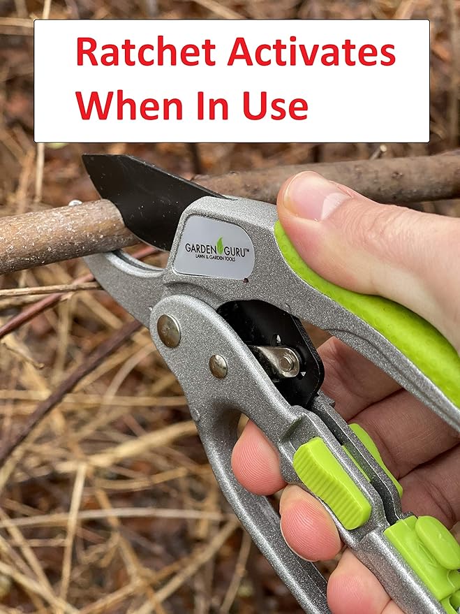 GARDEN GURU Professional Ratchet Pruning Shears Clippers – 4X Cutting Power – Ratcheting Garden Anvil Pruners Scissors - Ergonomic Grip - Makes Tough Cuts Easy - Great for Seniors & Arthritic Hands