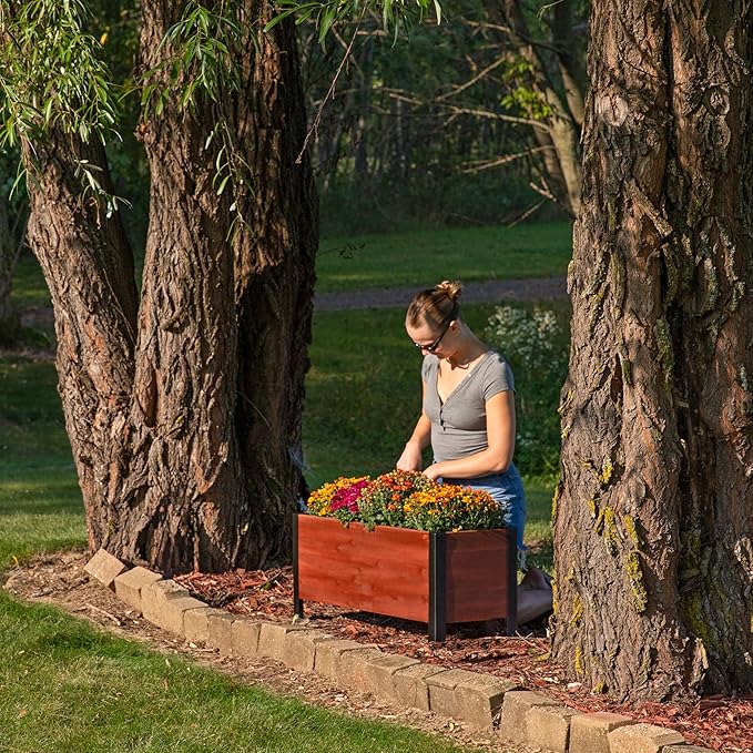 Sunnydaze Acacia Wood Rectangular Planter Box - 14.75" H Wooden Raised Garden Bed with Removable Polyethylene Planter Bag - Brown