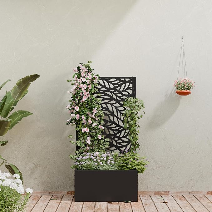 Casaphoria Metal Raised Garden Bed with Trellis, 47"x24"x12" Planter Box for Climbing Plants, Vegetables & Vines, Features Drainage Holes and Privacy Screen (Black-Spring)