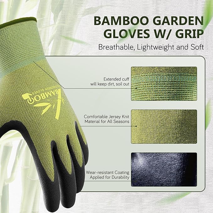 COOLJOB 2 Pairs Gardening Gloves for Women and Men, Bamboo Working Gloves Touchscreen, Grippy Nitrile Rubber Coated Work Gloves, Green/Black, Small Size (2 pairs S)
