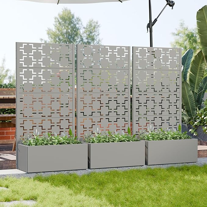 Casaphoria Metal Raised Garden Bed with Trellis, 59"x30"x12" Planter Box for Climbing Plants, Vegetables & Vines, Features Drainage Holes and Privacy Screen, Grey-Square