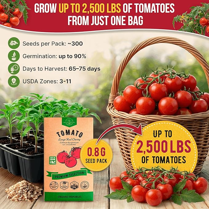 Tomato Large Cherry Seeds Pack 0.8 G - Over 300 of Non-GMO Heirloom Tomato Seeds for Planting Vegetables in Individual Seed Packet, Vegetable Seeds for Planting Home Garden Indoor & Outdoor Gardening