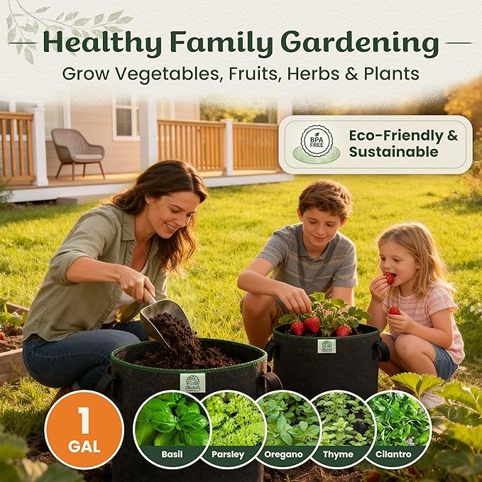Mabel's Gardening 5-Pack 1 Gallon Grow Bags - Garden Planting Bags 7.1 x 5.9 INCH Made of 8.85 oz/yd² (300g/m²) Felt & Fleece Fabric Plant Pot, Plant Bag, Grow Bag for Basil Oregano Tomato