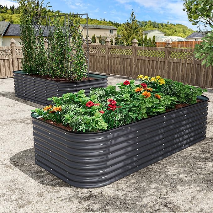 BlueWish 8x4x2FT Raised Garden Bed with 3 Aluminum Support Rods, Many-in-1 Modular Planter Box with Bottomless Design, 24’’H Galvanized Raised Garden Bed for Vegetable, Flower, Fruit, Grey