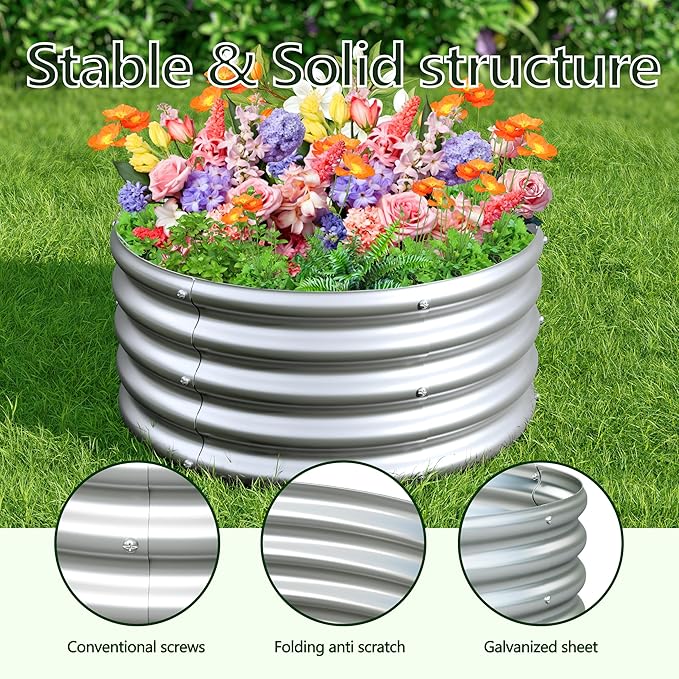 2PCS 2x2x1ft Galvanized Raised Garden Bed Kit-Round Garden Bed Outdoor Planter Box for Vegetables,Flowers,Herbs,Easy Assembly,Silver