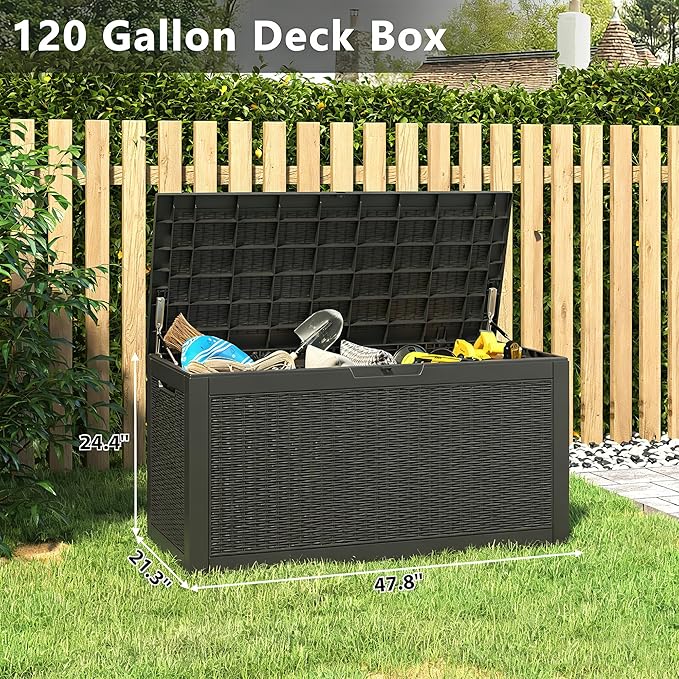 Oudoor Storage Deck Boxes Waterproof, Waterproof and UV Resistant Outdoor Storage Box Lockable Lid for Delivery Box, Indoor, Garden Tools, Pool Supplies, Patio (Black, 120 Gallon)