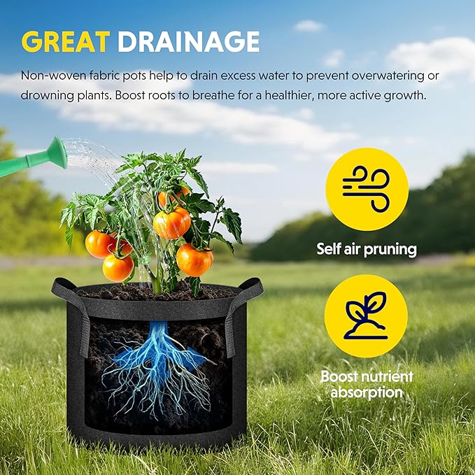 iPower Plant Grow Bag 10 Gallon 6-Pack Heavy Duty Fabric Pots, 300g Thick Nonwoven Fabric Containers Aeration with Nylon Handles, for Planting Vegetables, Fruits, Flowers, Black 2024 Version