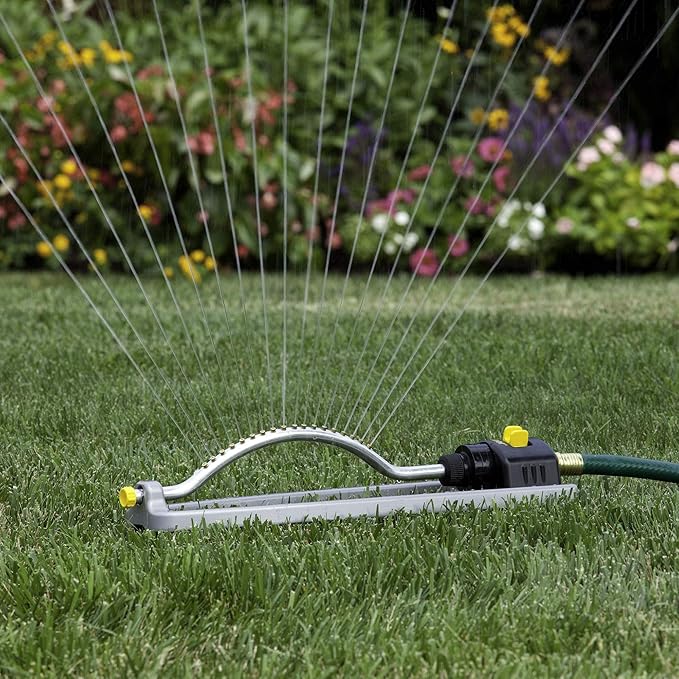 Melnor 65079-AMZ Metal Oscillating Sprinkler with QuickConnectProduct Adapter Watering Set, 3600 sq. ft. Coverage