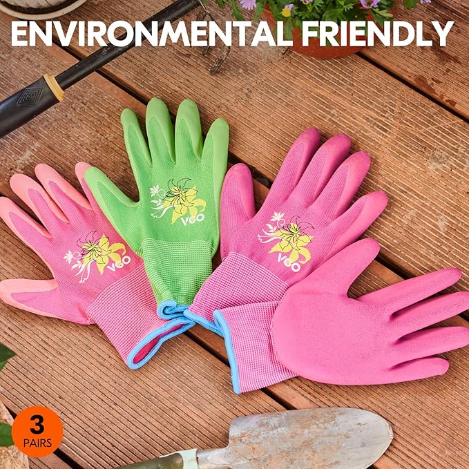 Vgo... 3-Pairs Ladies' Foam Latex Coating Gardening and Work Gloves (Size L, Green & Pink & Purple, RB6013)