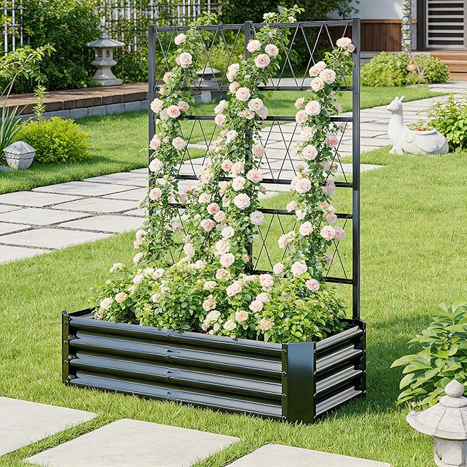 Galvanized Raised Garden Bed with Trellis for Climbing Plants Outdoor,Metal Vertical Garden Planter Box with Trellis,Heavy Duty Elevated Garden Bed for Vegetables Tomatoes Cucumbers Flowers Herb,Black