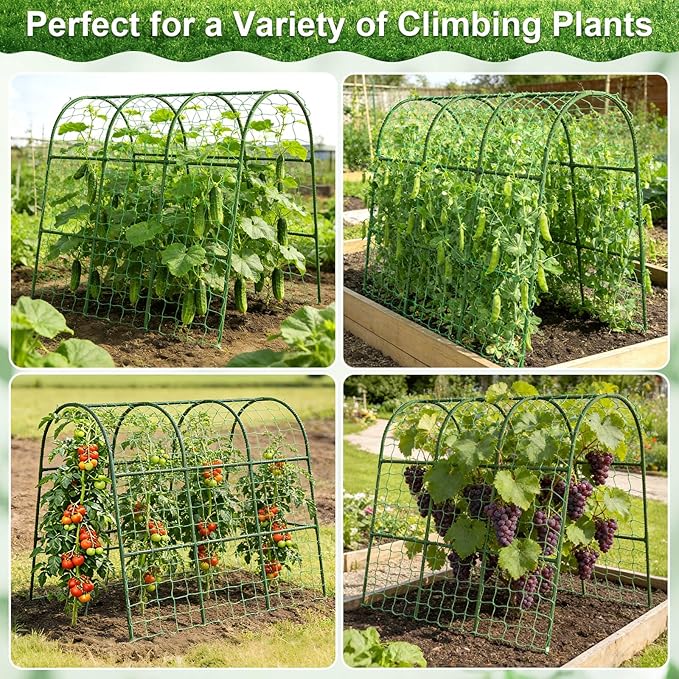 Cludoo Cucumber Trellis for Raised Bed Garden, U-Shape Arch Trellis for Climbing Plants Outdoor, Metal Vegetables Trellis with Netting, Garden Trellis for Cucumber Plants Sweet Pea Bean Grape
