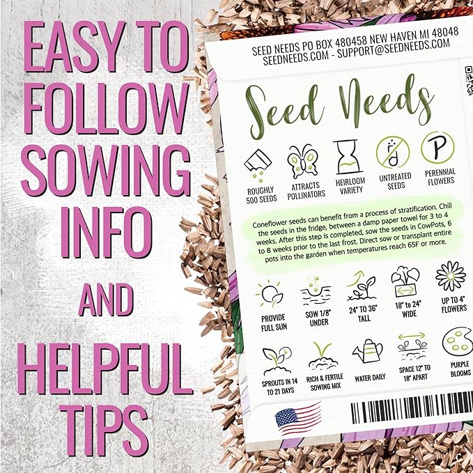 Seed Needs Coneflower Seeds for Planting Purple Echinacea Coneflowers - Heirloom & Open Pollinated Perennial Medicinal Flower - Perfect Wildflowers for a Butterfly Garden (1 Pack)