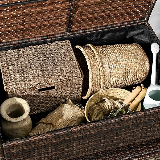 Outsunny Outdoor Deck Box and Shoe Storage, PE Rattan Wicker Towel Rack with Liner for Indoor, Outdoor, Patio Furniture Cushions, Pool, Garden Tools, Brown