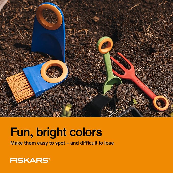 Fiskars Kids Garden Tool Set (4-Piece) - Ages 3+ Educational Tool Set for Yard Work - Cultivator, Trowel, Scoop and Brush with Organizational Hang Holes