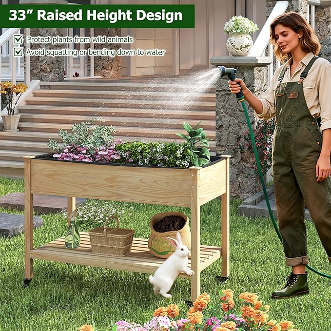 Giantex Mobile Raised Garden Bed, Wood Planter Box with Wheels, Storage Shelf & Liner, 47”x23”x33” Rolling Raised Bed for Indoor Outdoor Plants, Vegetables Flower Herbs Fruit Gardening