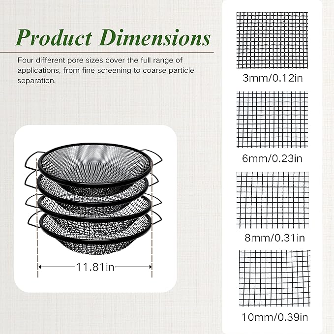 4Pcs Soil Sifter for Gardening, 3,6,8,10mm Grid Rock Sifter for 5 Gallon Bucket, Dirt Sifter, Compost Sifter for Capturing Dirt, Sand, Rocks, and Filtering Compost (Black)