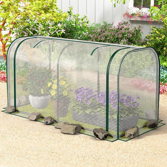 Raised Garden Bed with Greenhouse, Waterproof Sun-Protective Green House with Roll-Up Door & Electroplated Metal Frame, Pine Wood Elevated Planter Box with Drainage Holes(White+Natural)